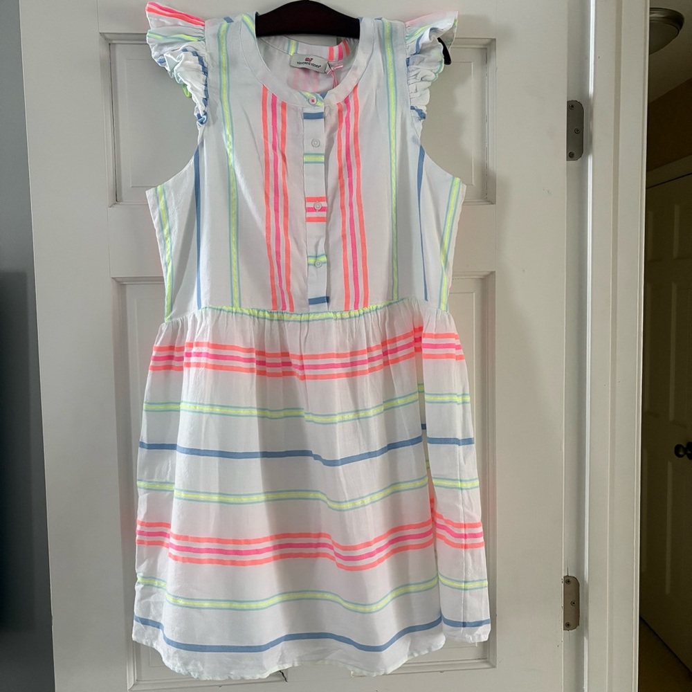 NEW Vineyard Vines Guava Multi Stripe Dress White Neon 12 Ruffle Sleeves